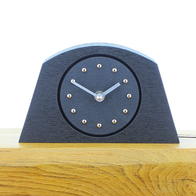 Arched Black Mantel Clock, Black Frame, Silver Studs and Hands