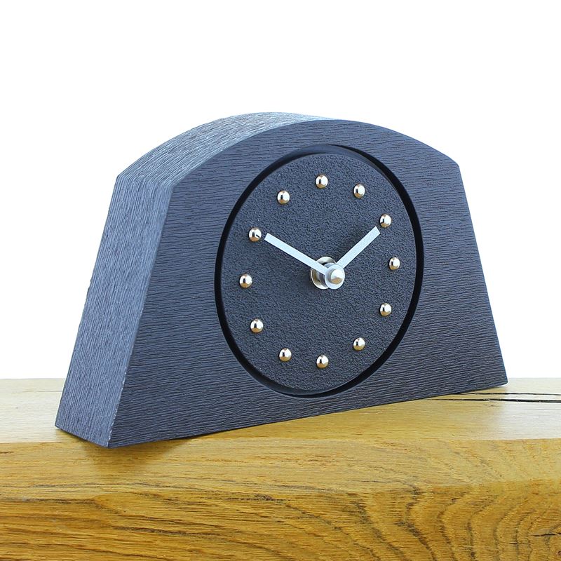 Arched Black Mantel Clock, Black Frame, Silver Studs and Hands