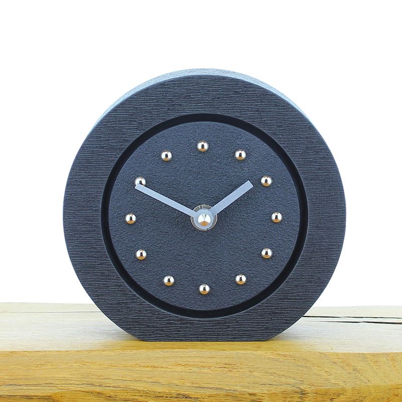 Round Black Mantel Clock, Black Frame, Silver Studs and Hands