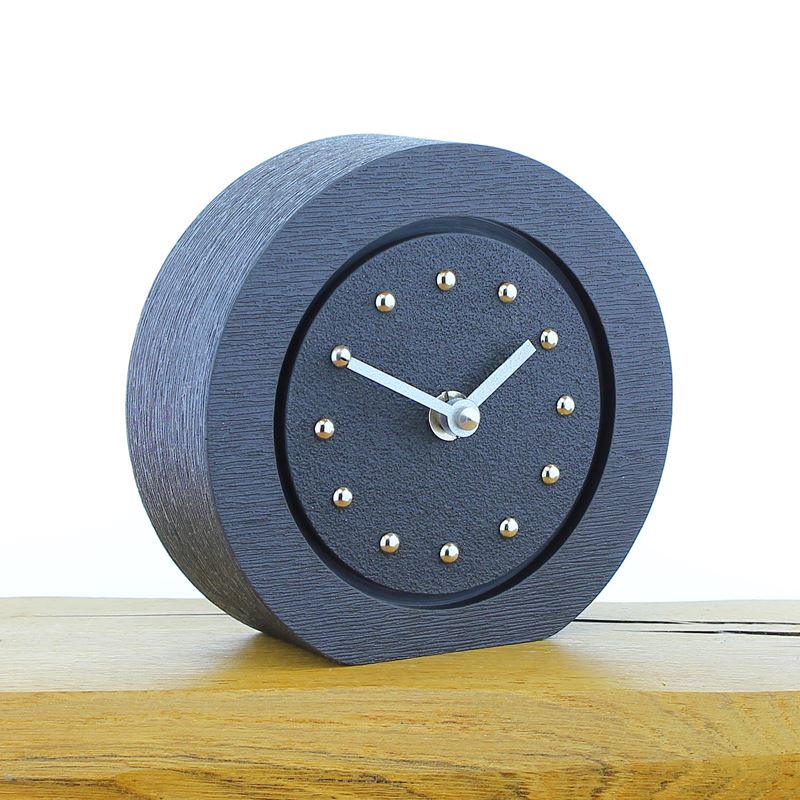 Round Black Mantel Clock, Black Frame, Silver Studs and Hands