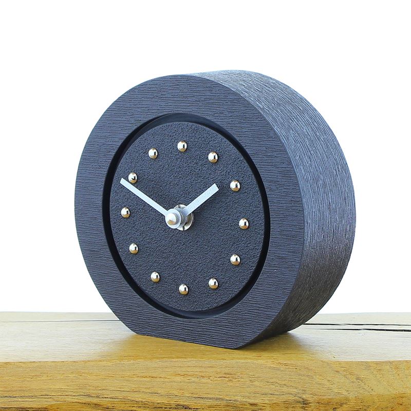 Round Black Mantel Clock, Black Frame, Silver Studs and Hands