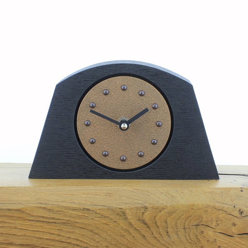 Arched Copper Mantel Clock, Black Frame, Antique Studs and Black Hands