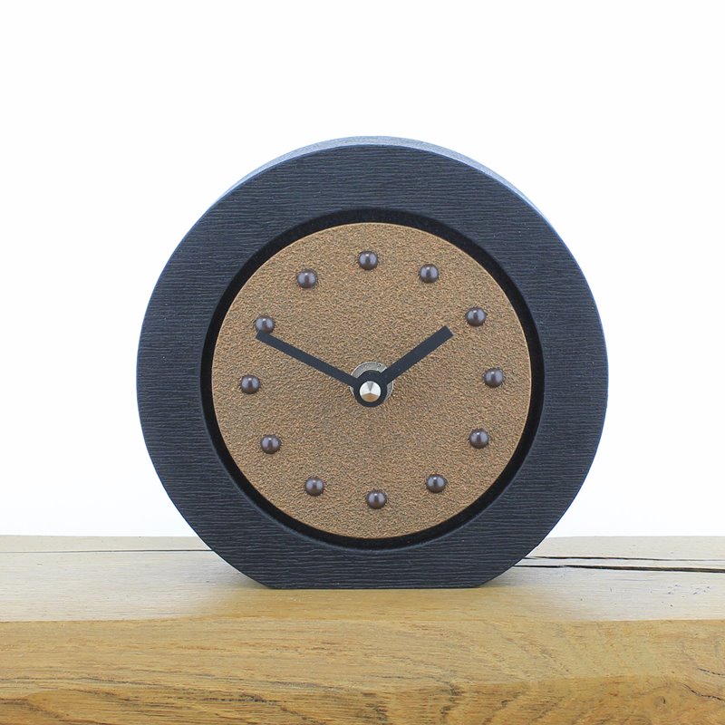 Round Copper Mantel Clock, Black Frame, Antique Studs and Black Hands