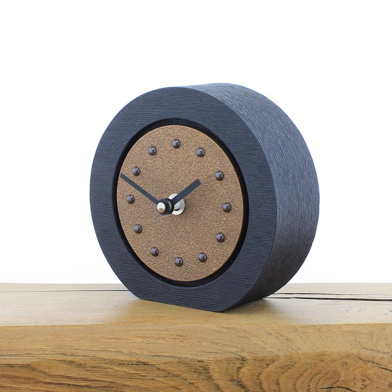 Round Copper Mantel Clock, Black Frame, Antique Studs and Black Hands