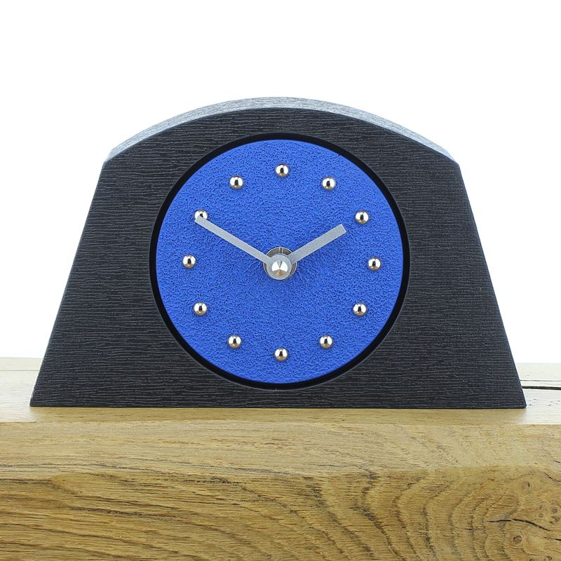 Arched Dark Blue Mantel Clock, Black Frame, Silver Studs and Hands