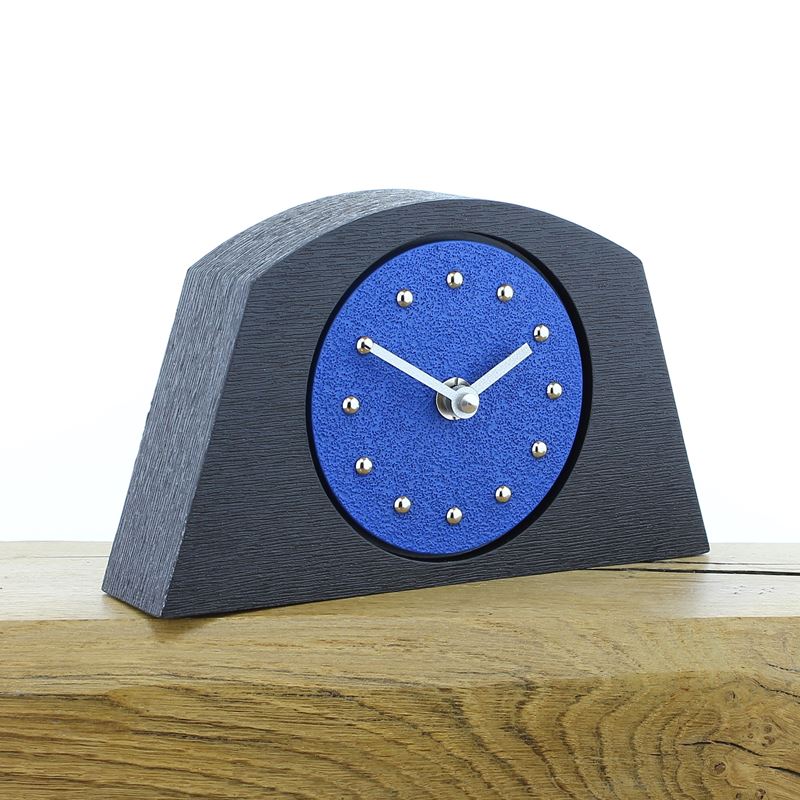Arched Dark Blue Mantel Clock, Black Frame, Silver Studs and Hands