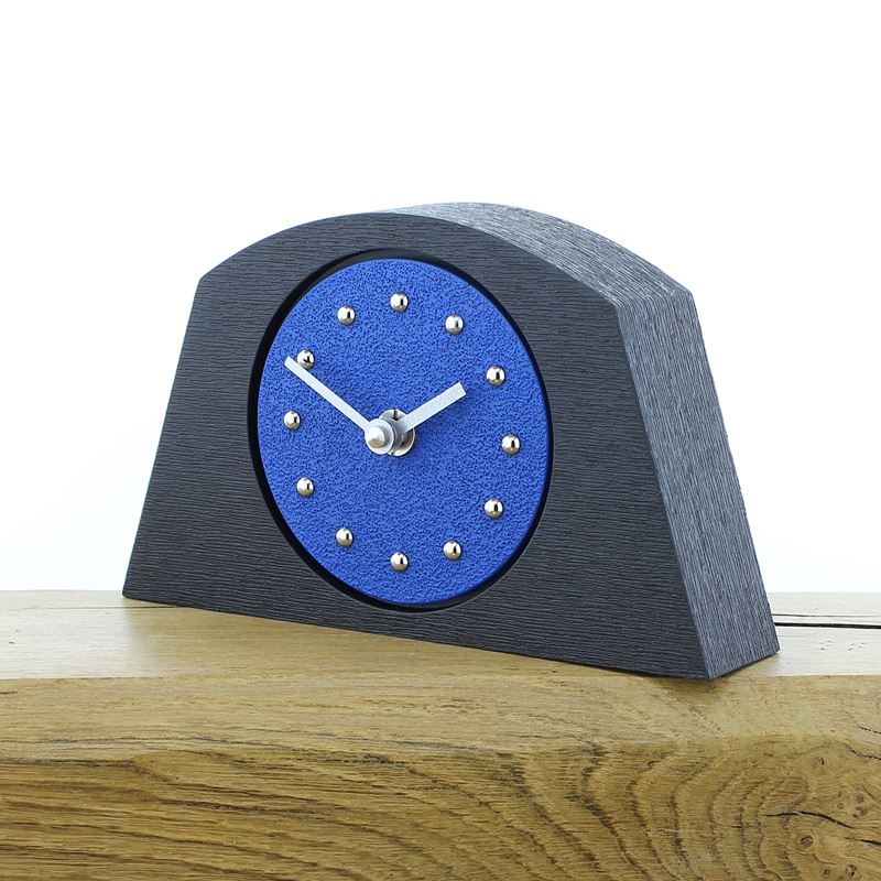 Arched Dark Blue Mantel Clock, Black Frame, Silver Studs and Hands