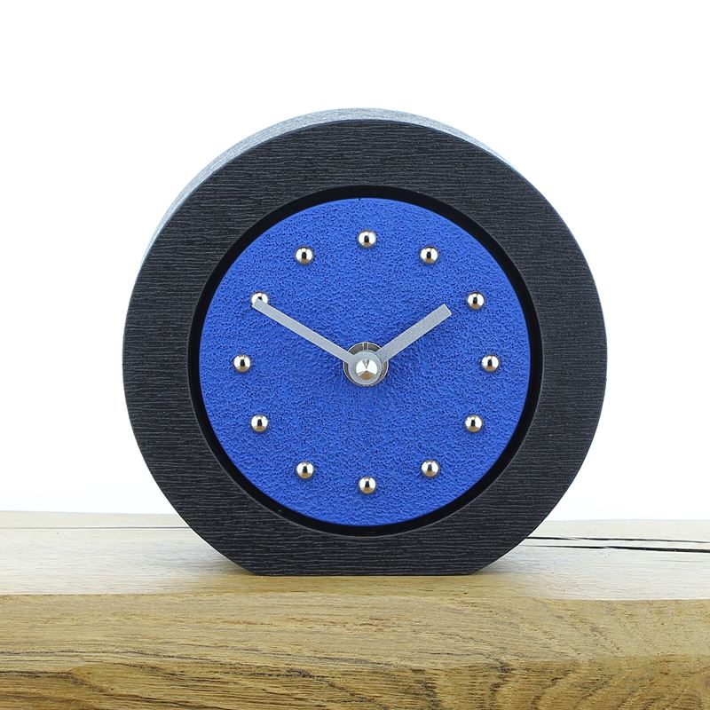 Round Dark Blue Mantel Clock, Black Frame, Silver Studs and Hands