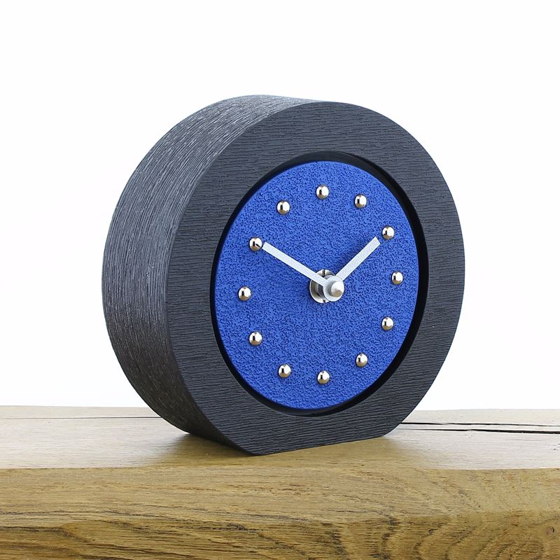Round Dark Blue Mantel Clock, Black Frame, Silver Studs and Hands