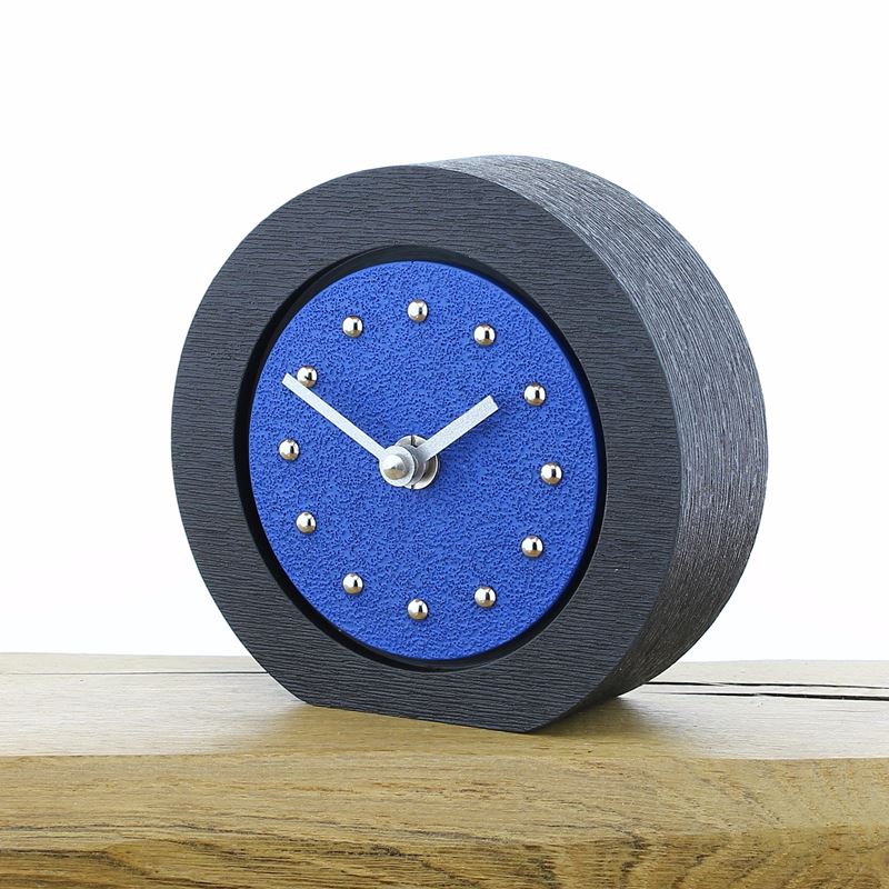 Round Dark Blue Mantel Clock, Black Frame, Silver Studs and Hands