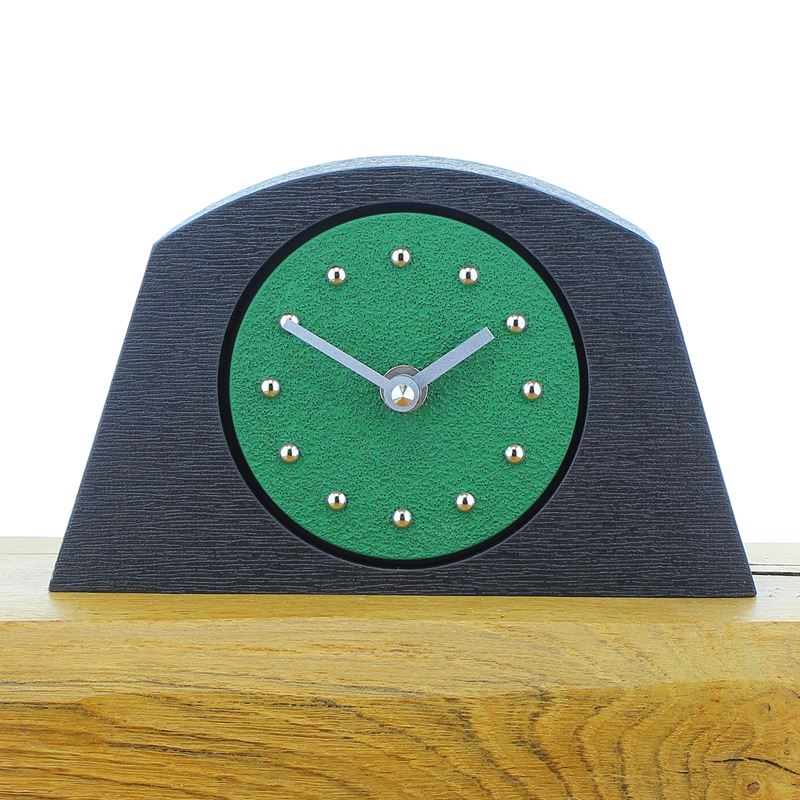 Arched Dark Green Mantel Clock, Black Frame, Silver Studs and Hands