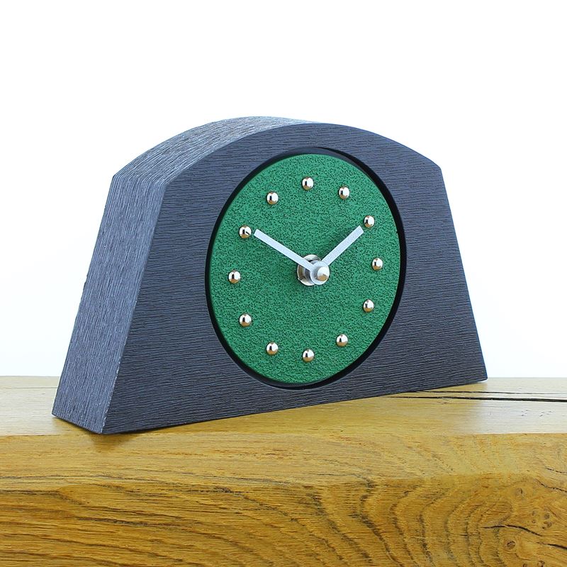 Arched Dark Green Mantel Clock, Black Frame, Silver Studs and Hands
