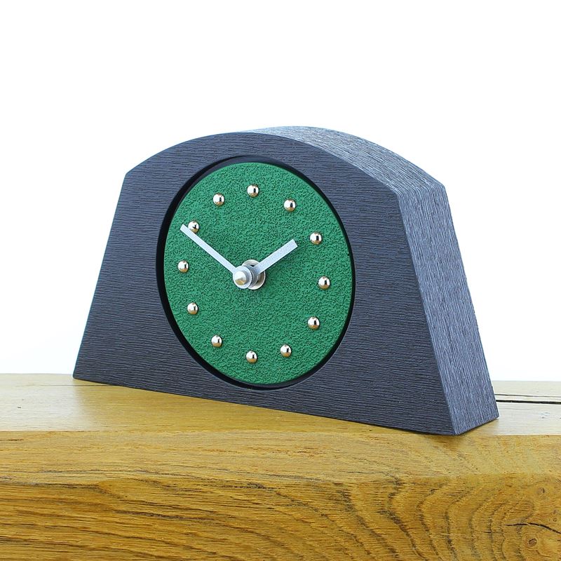Arched Dark Green Mantel Clock, Black Frame, Silver Studs and Hands