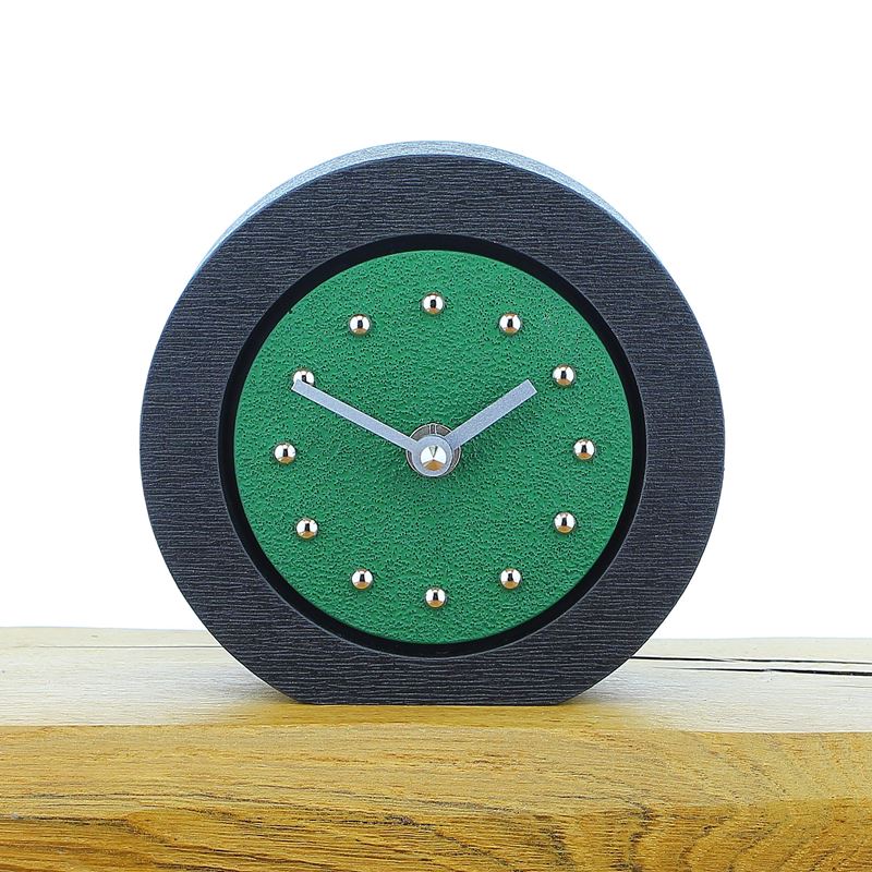 Round Dark Green Mantel Clock, Black Frame, Silver Studs and Hands