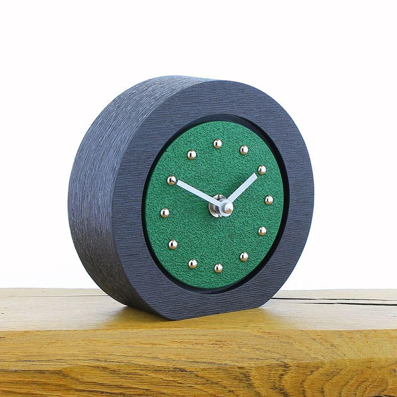Round Dark Green Mantel Clock, Black Frame, Silver Studs and Hands