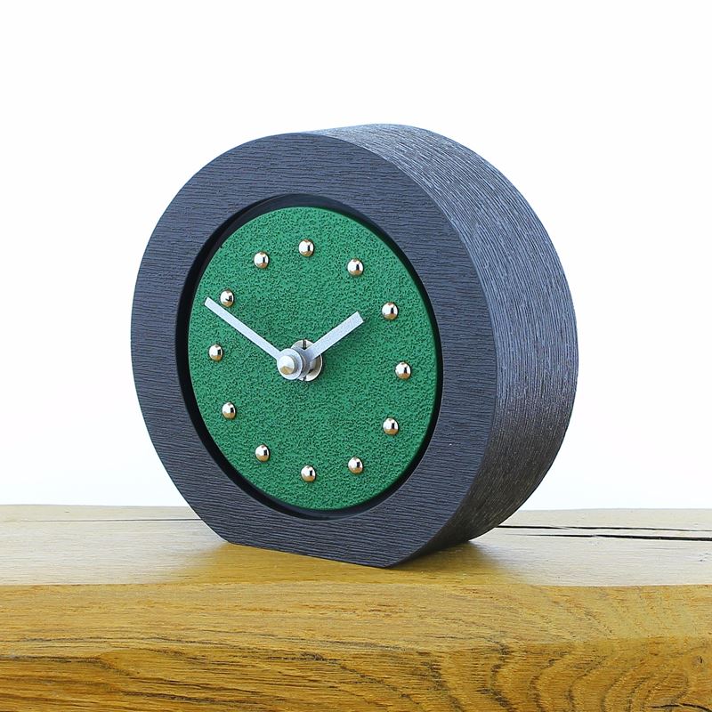 Round Dark Green Mantel Clock, Black Frame, Silver Studs and Hands