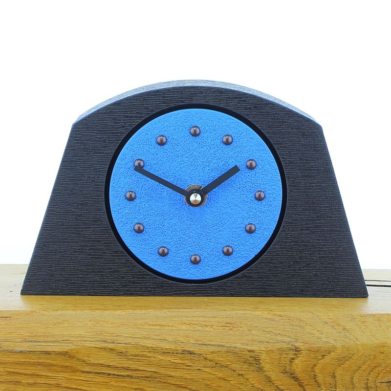 Arched Light Blue Mantel Clock, Black Frame, Antique Studs, Black Hands