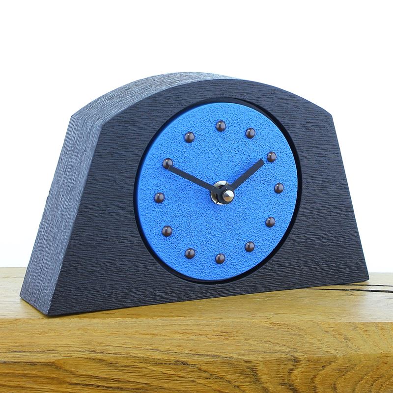 Arched Light Blue Mantel Clock, Black Frame, Antique Studs, Black Hands