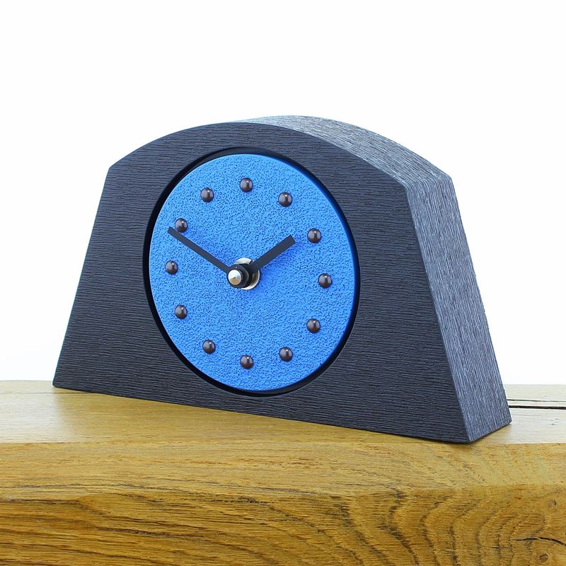 Arched Light Blue Mantel Clock, Black Frame, Antique Studs, Black Hands