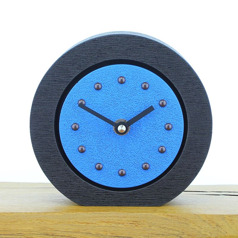 Round Light Blue Mantel Clock, Black Frame, Antique Studs, Black Hands