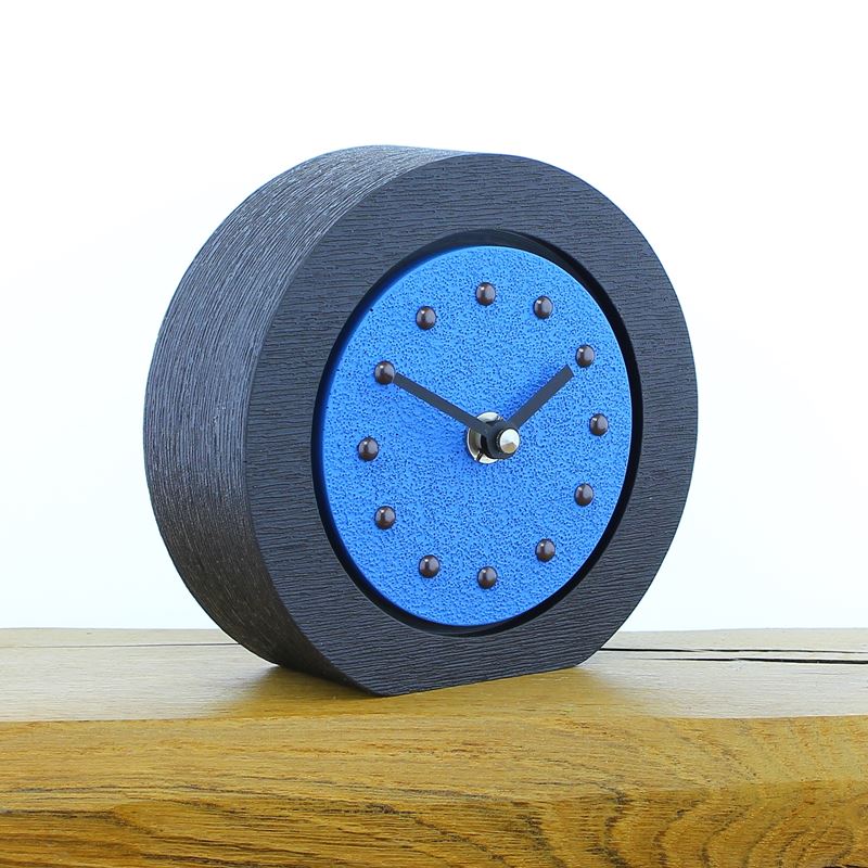 Round Light Blue Mantel Clock, Black Frame, Antique Studs, Black Hands