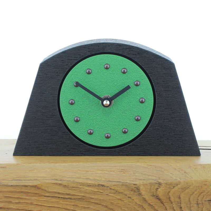Arched Light Green Mantel Clock, Black Frame, Antique Studs, Black Hands