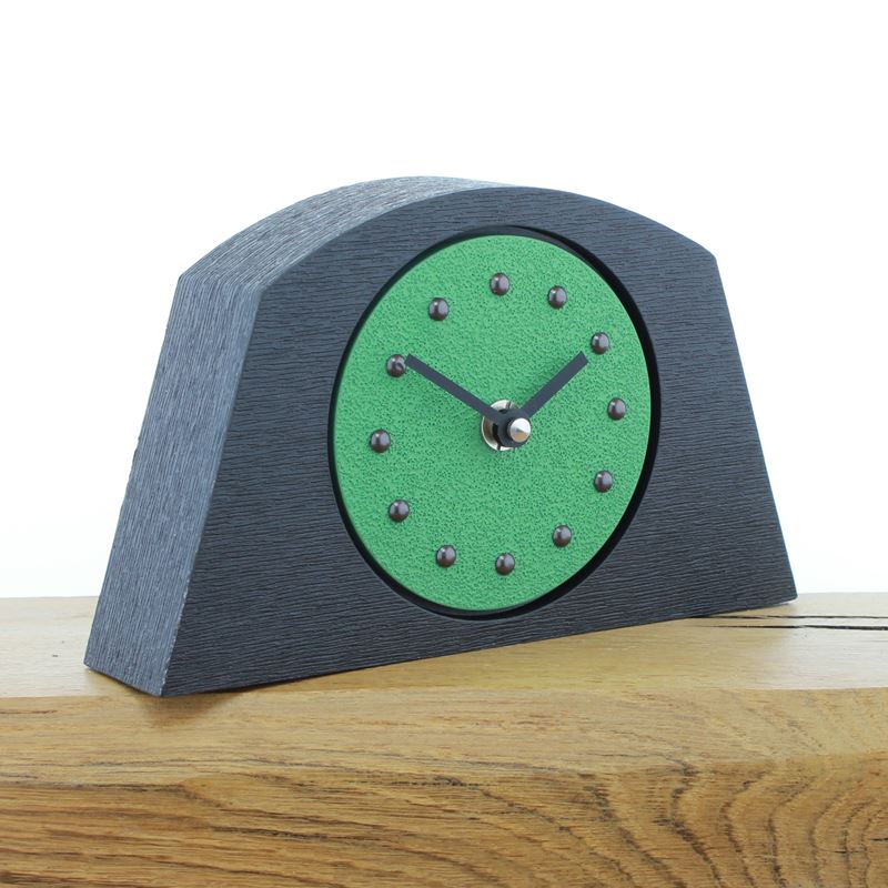 Arched Light Green Mantel Clock, Black Frame, Antique Studs, Black Hands