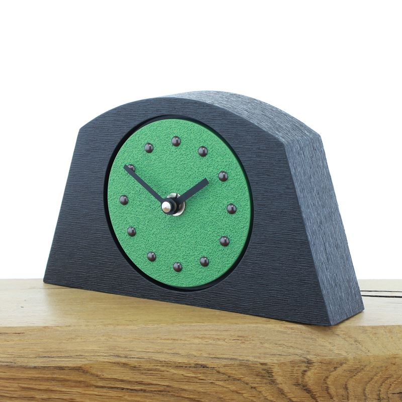 Arched Light Green Mantel Clock, Black Frame, Antique Studs, Black Hands