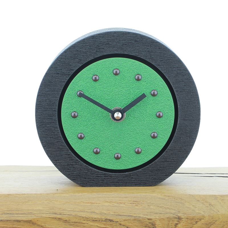 Round Light Green Mantel Clock, Black Frame, Antique Studs, Black Hands