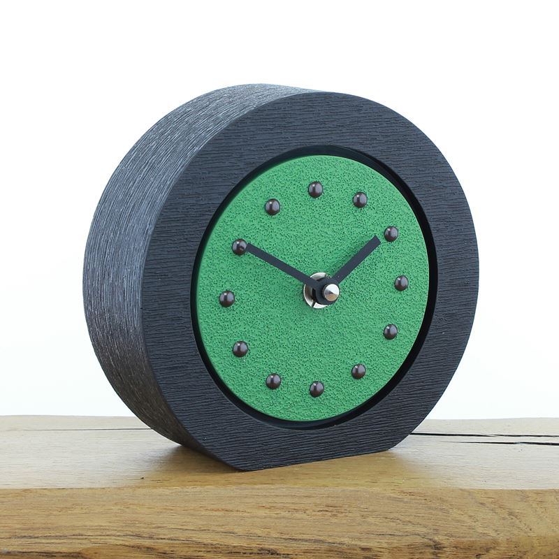 Round Light Green Mantel Clock, Black Frame, Antique Studs, Black Hands