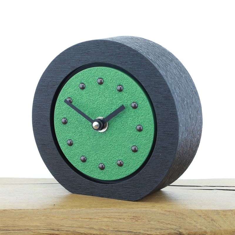 Round Light Green Mantel Clock, Black Frame, Antique Studs, Black Hands