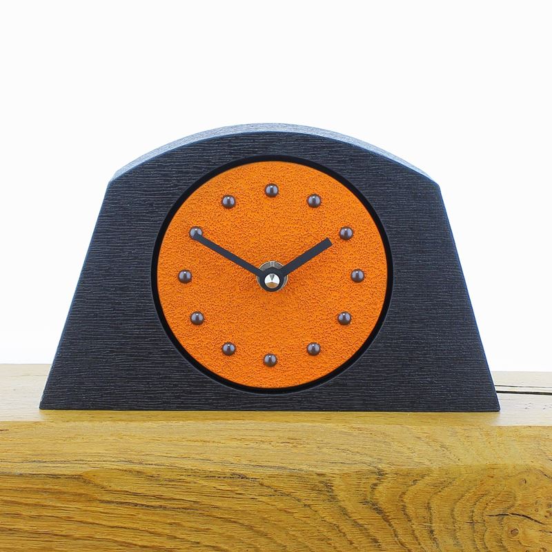 Arched Orange Mantel Clock, Black Frame, Antique Studs, Black Hands