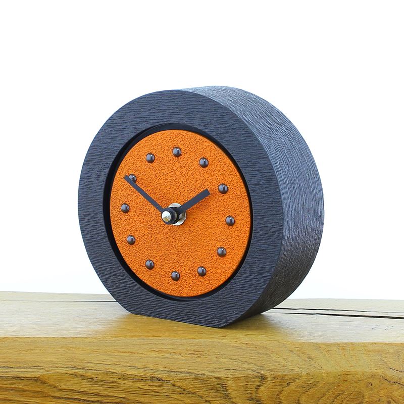 Round Orange Mantel Clock, Black Frame, Antique Studs, Black Hands