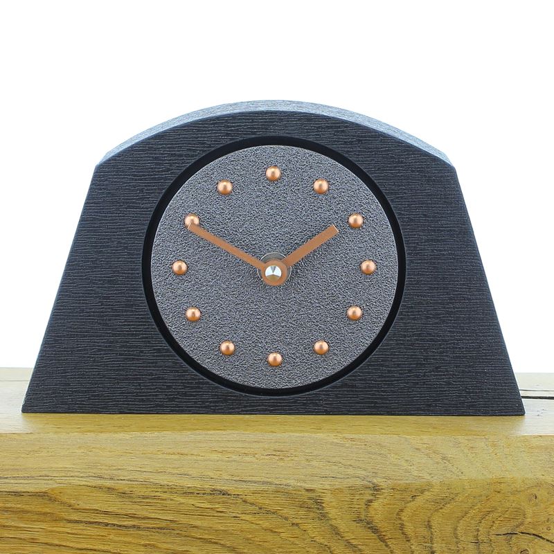 Arched Pewter Coloured Mantel Clock, Black Frame, Copper Studs and Hands