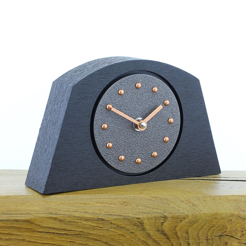 Arched Pewter Coloured Mantel Clock, Black Frame, Copper Studs and Hands