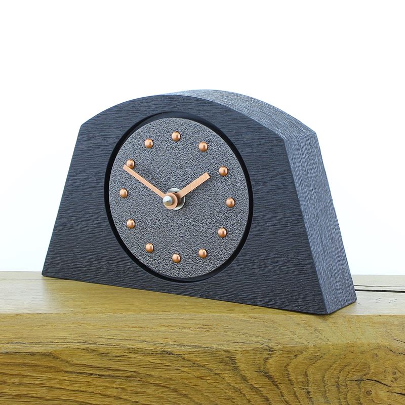 Arched Pewter Coloured Mantel Clock, Black Frame, Copper Studs and Hands