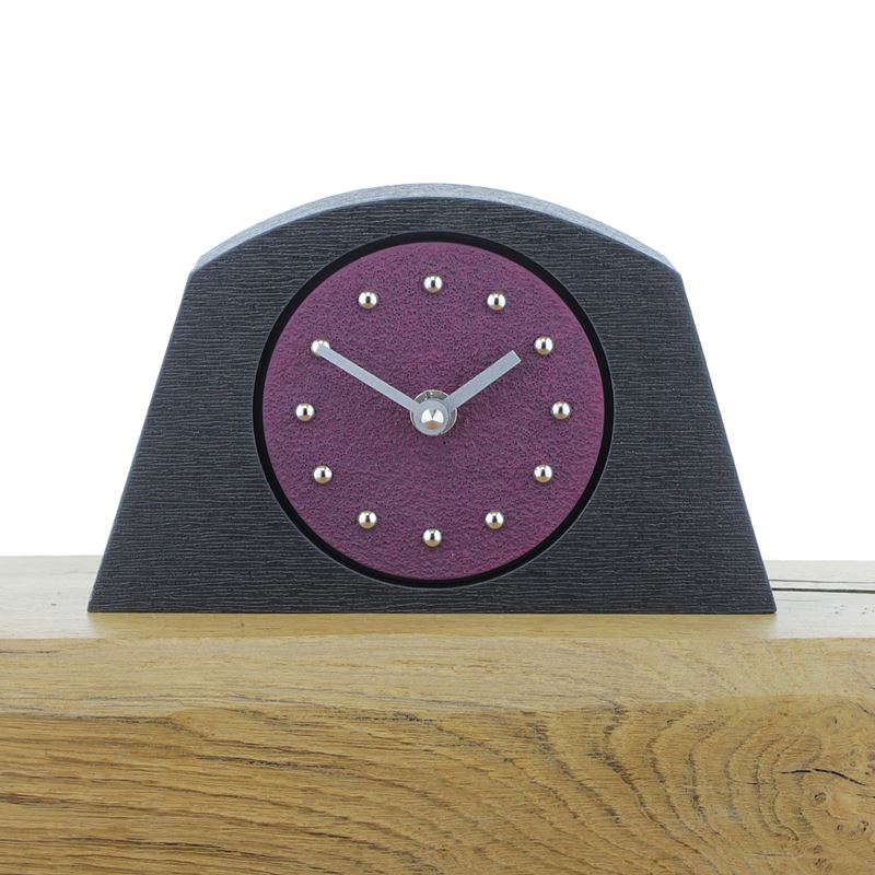 Arched Purple Mantel Clock, Black Frame, Silver Studs and Hands