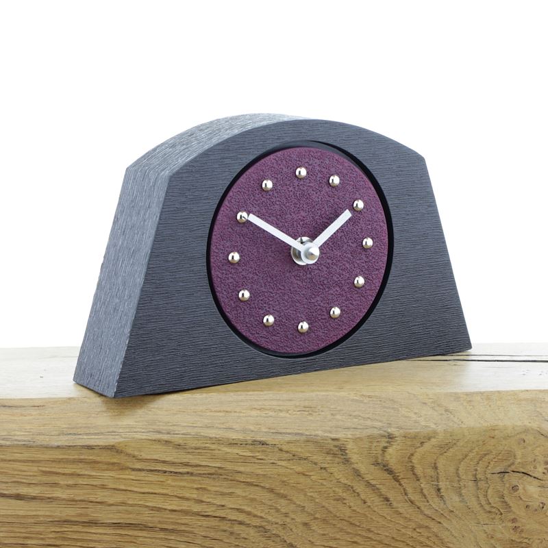 Arched Purple Mantel Clock, Black Frame, Silver Studs and Hands