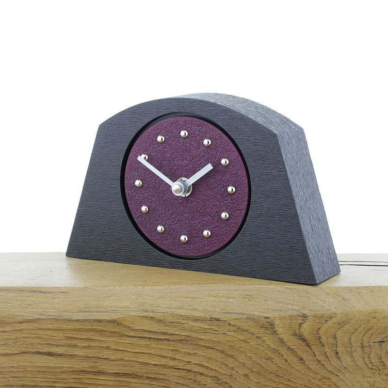 Arched Purple Mantel Clock, Black Frame, Silver Studs and Hands