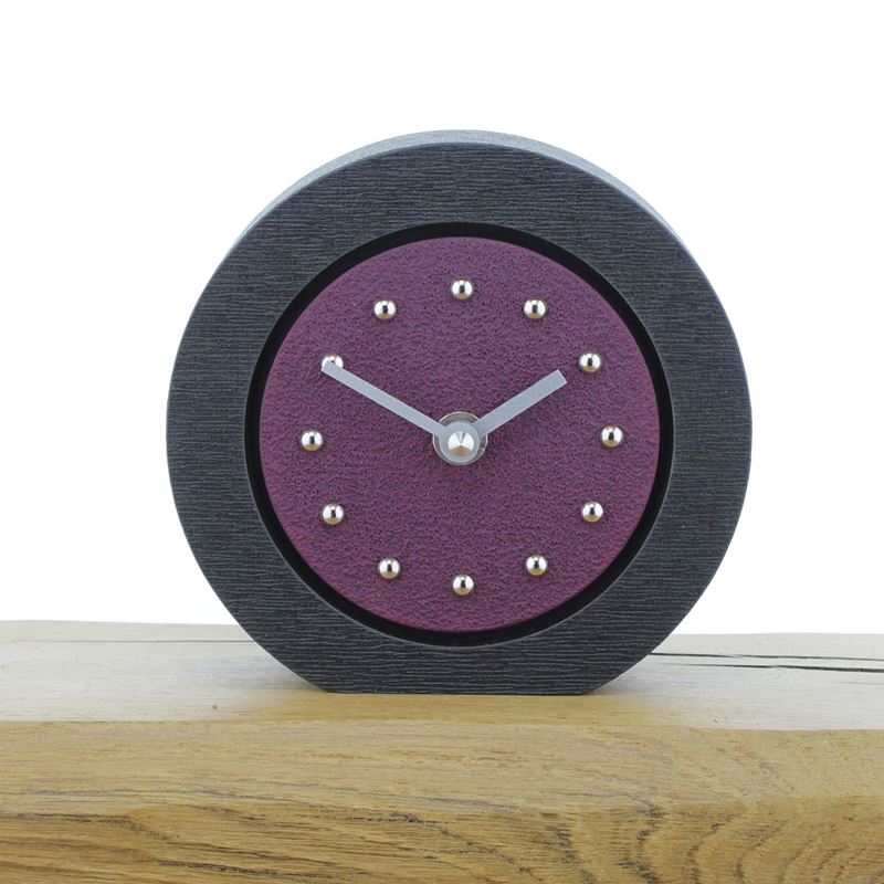 Round Purple Mantel Clock, Black Frame, Silver Studs and Hands