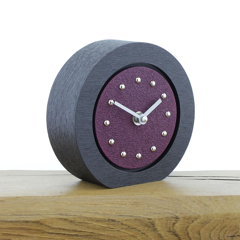 Round Purple Mantel Clock, Black Frame, Silver Studs and Hands