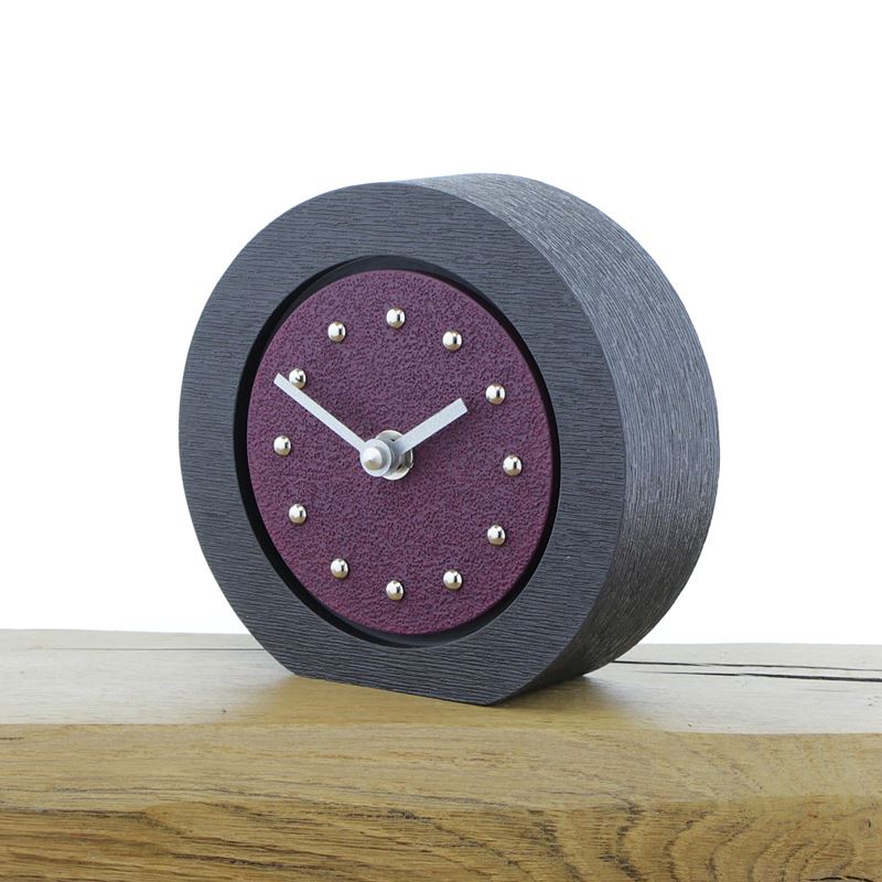 Round Purple Mantel Clock, Black Frame, Silver Studs and Hands