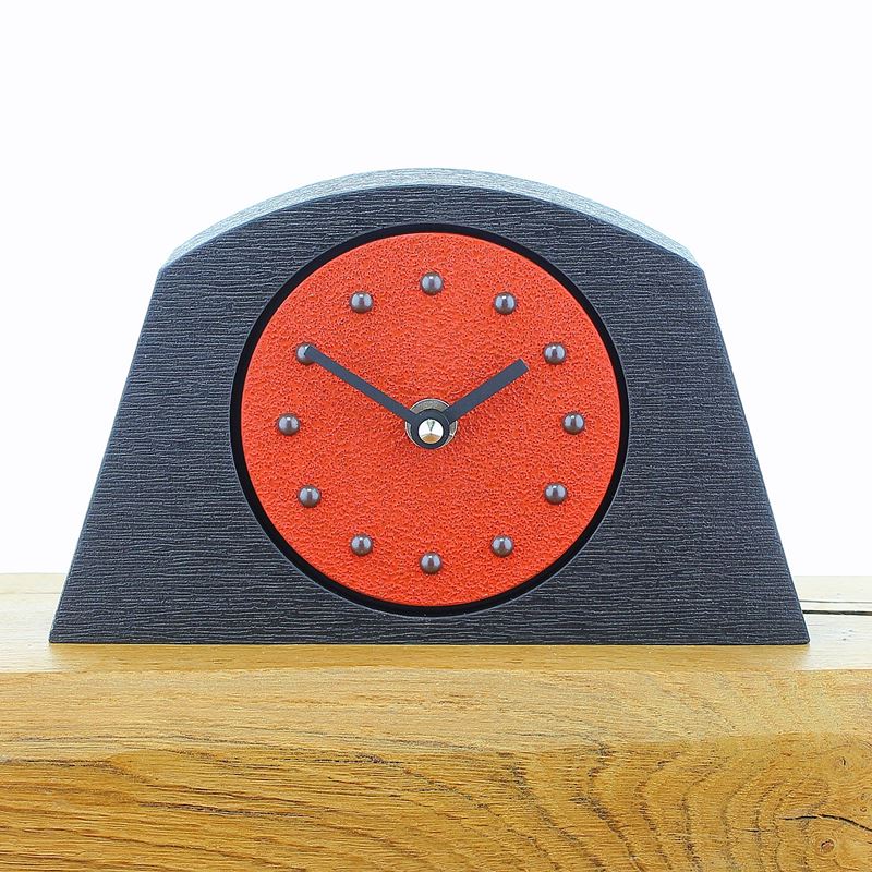 Arched Red Mantel Clock, Black Frame, Antique Studs, Black Hands