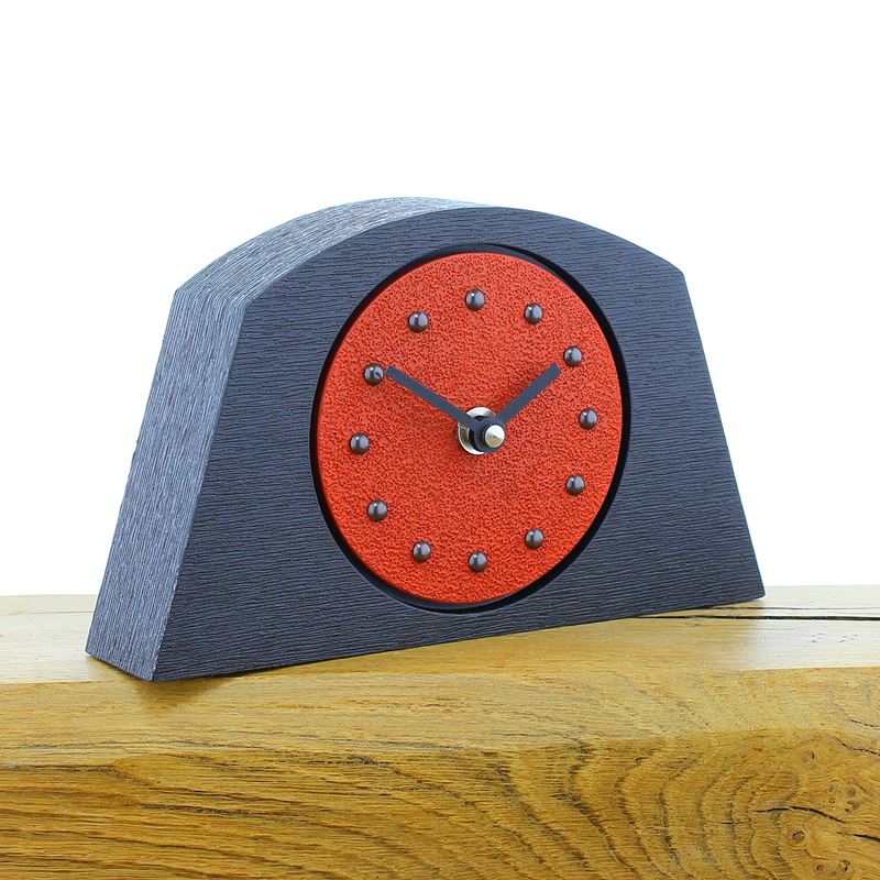 Arched Red Mantel Clock, Black Frame, Antique Studs, Black Hands