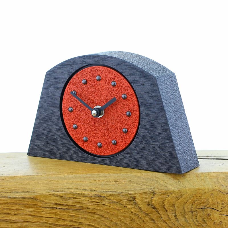 Arched Red Mantel Clock, Black Frame, Antique Studs, Black Hands