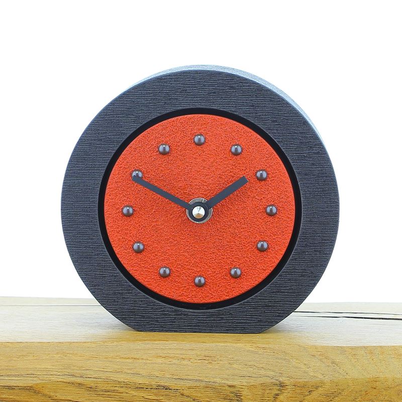 Round Red Mantel Clock, Black Frame, Antique Studs, Black Hands