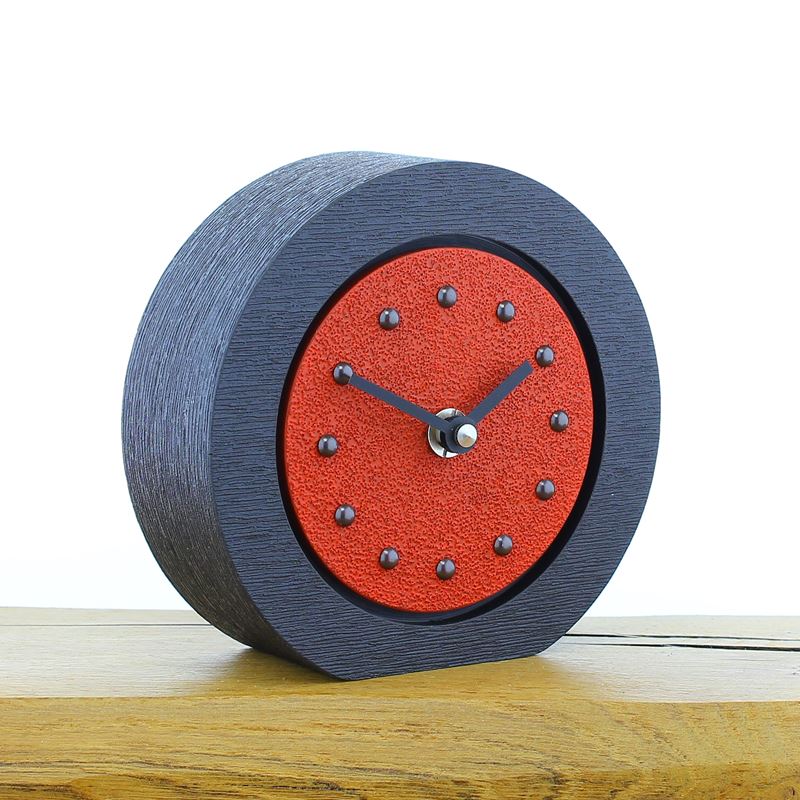 Round Red Mantel Clock, Black Frame, Antique Studs, Black Hands