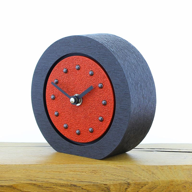 Round Red Mantel Clock, Black Frame, Antique Studs, Black Hands