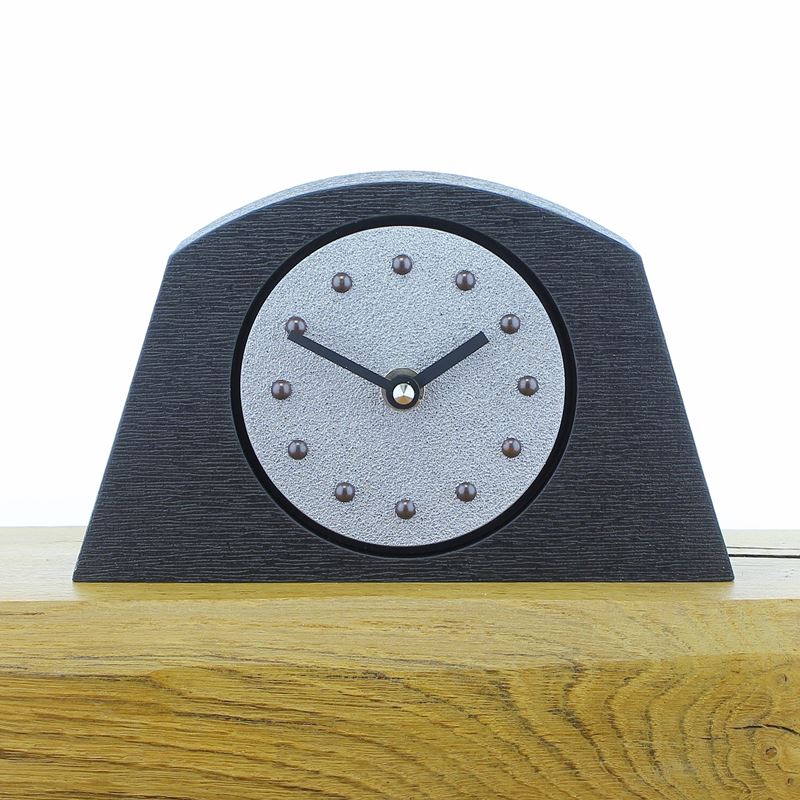 Arched Silver Mantel Clock, Black Frame, Antique Studs, Black Hands