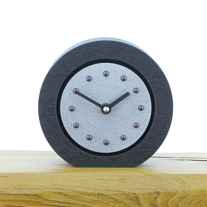 Round Silver Mantel Clock, Black Frame, Antique Studs, Black Hands